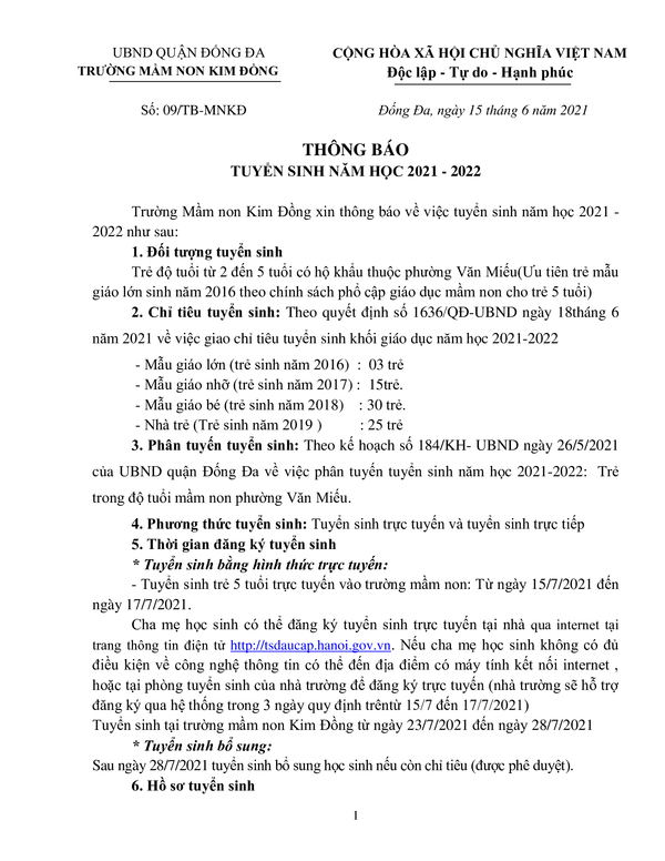 Thông báo tuyển sinh trường mầm non Kim Đồng năm học 2021-2022