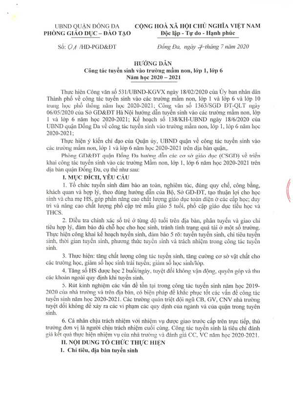 Công văn hướng dẫn tuyển sinh vào trường Mầm non, lớp 1, lớp 6 năm học 2020-2021